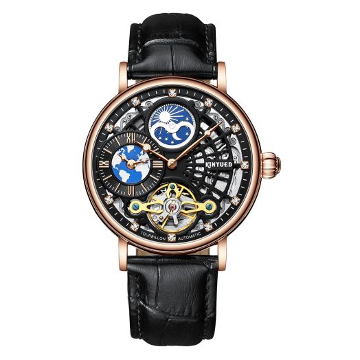IK COLOURING Mens Luxury Skeleton Automatic Mechanical Wrist Watches Leather Moon Phrase Luminous Hands Self-Wind Watch,Tourbillon Automatic Waterproof Crystal Wrist Watch for Men Gift (Black)