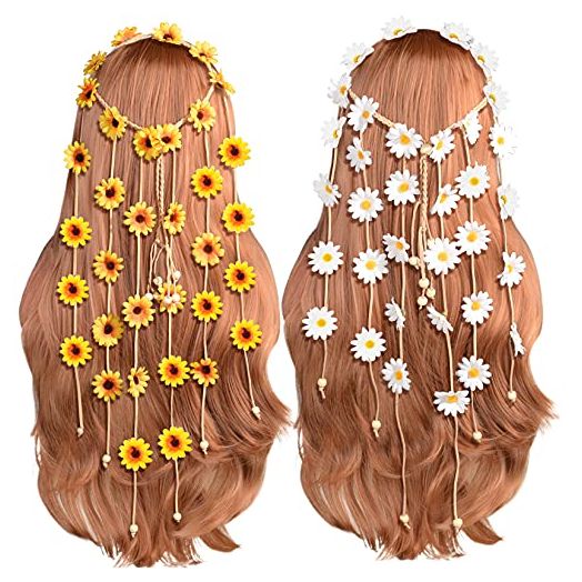 Sucrain 2pcs Flower Hippie Headband Floral Crown Summer Sunflower Hair Accessories for 70 s Bohemian Costumes Style