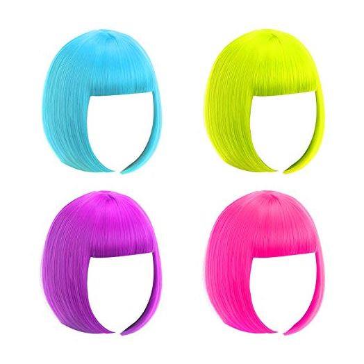 LIULIUBTY Short Bob Wig, 4 Pieces Colorful Cosplay Wigs, 12" Straight with Bangs
