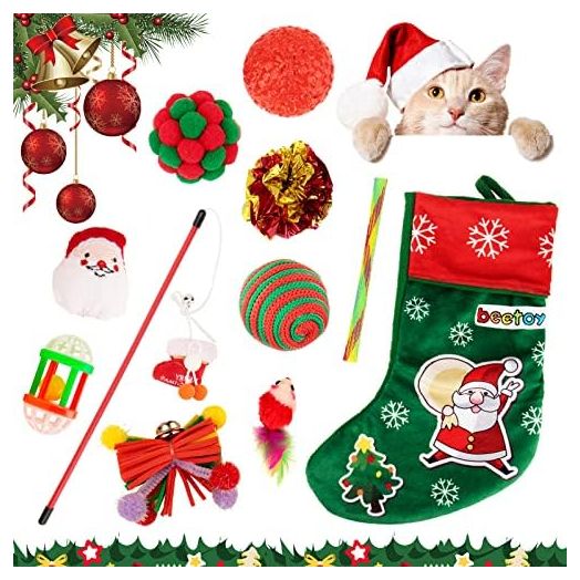 beetoy Christmas Cat Toys Stocking, 11 PCS Kitten's First Christmas Cat Stocking Gifts Set Assorted Toys with Funny Cat Pole Outdoor & Indoor Kitten Interactive Play Game