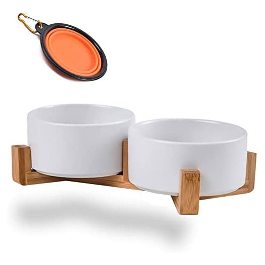 Petygooing Dog Bowls,Ceramic Cat and Dog Bowl Set with Wood Stand for Food and Water, Heavy Weighted Modern Pet Dishes for Small & Medium Size Dogs and Cats
