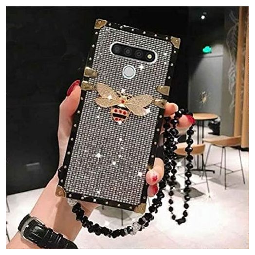 KADSONG for LG K51 Luxury Bling Glitter Sparkle Cute Gold Square Corner Soft Shock-Absorption Phone Case Cover with Strap - Black