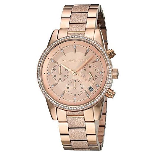 Michael Kors Women's Ritz Stainless Steel Analog-Quartz Watch with Stainless-Steel-Plated Strap, Rose Gold, 18 (Model: MK6598)