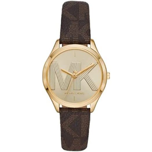 Michael Kors MK2862 Gold Tone Logo Dial Brown Leather Strap Women's Watch