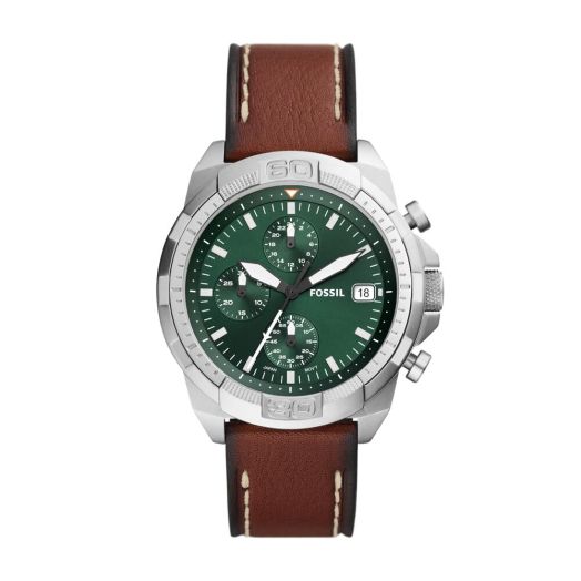 Fossil Men's Bronson Quartz Stainless Steel and Eco Leather Chronograph Watch, Color: Silver, Medium Brown (Model: FS5898)