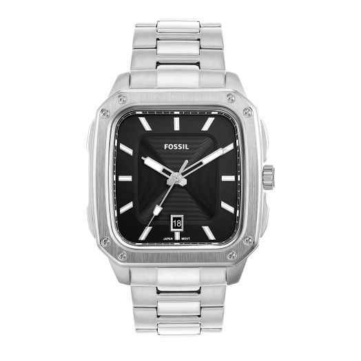 Fossil Inscription Men's Watch with Square Case and Stainless Steel, Silicone or Leather Band