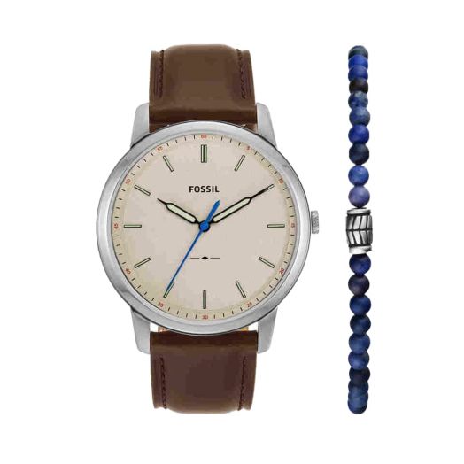 Fossil Men's Minimalist Quartz Stainless Steel and Leather Three-Hand Watch and Bracelet Gift Set, Color: Silver/Brown/Blue (Model: FS5966SET)
