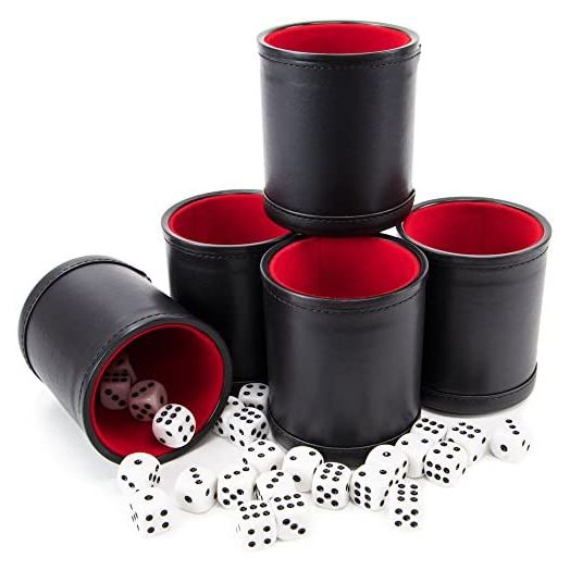 Brybelly Bundle of 5 Professional Dice Cups, Red Felt-Lined, Quality Bicast Leather, Includes 25 White Six-Sided Dice