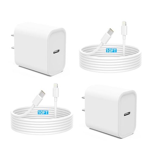 10FT 2 Pack 20W PD USB C Wall Fast Charger Adapter with 2 Pack 10FT Long Type C to Cable