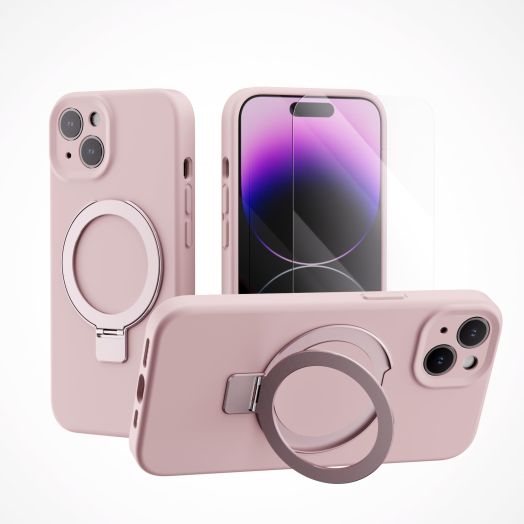 Threehundred for iPhone 13 Case Liquid Silicone Magsafe Magnetic Stand with Screen Protector Full Protection Slim Shockproof Protective Case Cover 6.1 Inch - Pink