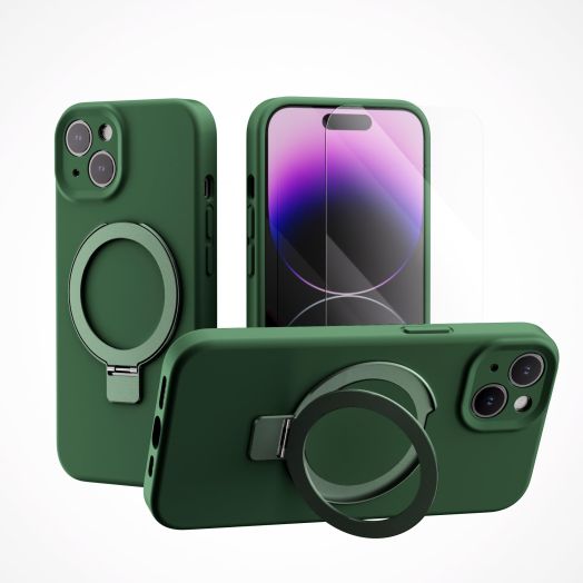 Threehundred for iPhone 13 Case Liquid Silicone Magsafe Magnetic Stand with Screen Protector Full Protection Slim Shockproof Protective Case Cover 6.1 Inch - Alpine Green