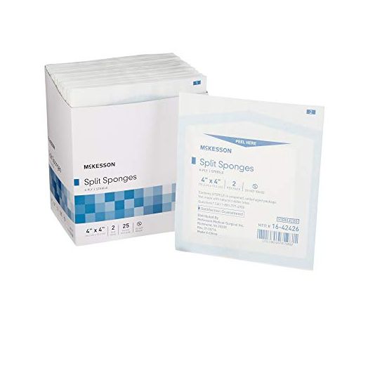 McKesson Split Sponges, 6-Ply Sterile, I.V. and Tracheostomy Dressings, Polyester/Rayon Blend, 4 in x 4 in, 25 Packs of 2 (50 Total)