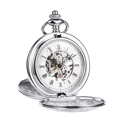 TREEWETO Antique Mens Pocket Watch Skeleton Mechanical Half Hunter Silver Golden Case Roman Numerals