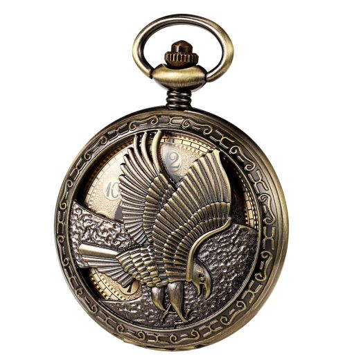 TREEWETO Mechanical Eagle Arabic Numerals Dial Skeleton Red Bronze Pocket Watch Watches with Gift Box and Chains for Mens Women
