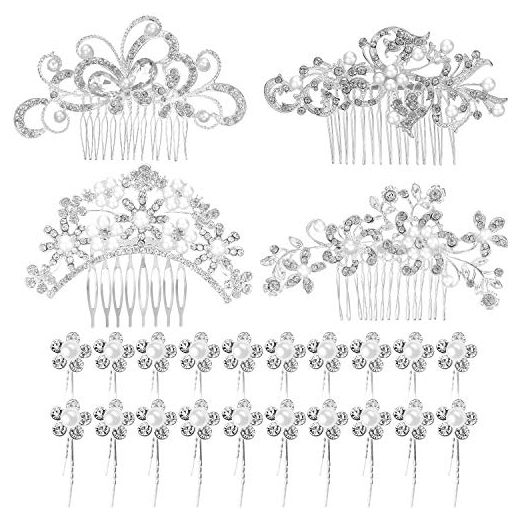 Boao 24 Pieces Wedding Bridal Hair Combs Crystal Pearl Rhinestone Hair clips Side Hair Accessories