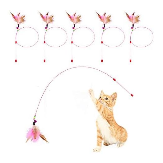 Cat Feather Toy, Cat Toys Wand, Bundle of 5 Pack Interactive Pet Cat Kitten Chaser Teaser Wire Wand with Bell Beads for Cat Exercise Play Fun Gifts - Wholesale