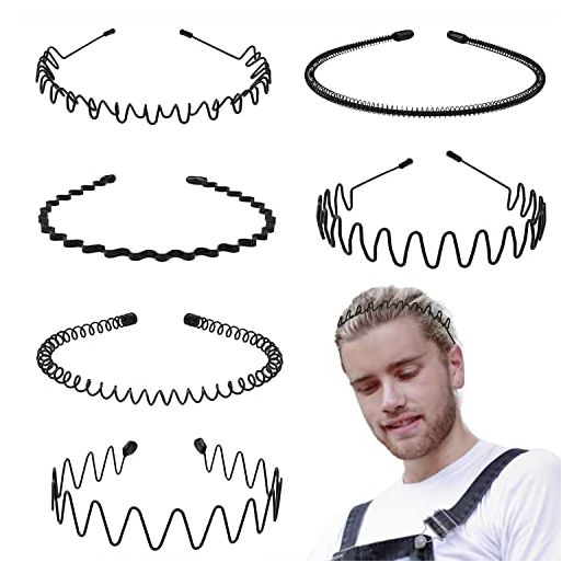 Metal Men Headbands Women Hair Bands, Unisex Black Wavy, Daily Outdoor Sports Headbands, Fashion Simple Elastic Non Slip Hair Accessories (6pcs)
