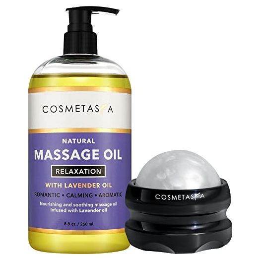 Sensual Lavender Massage Oil with Massage Roller Ball - No Stain 100% Natural Blend of Spa Quality Oils for Romantic, Calming, Aromatic, Soothing Massage Therapy