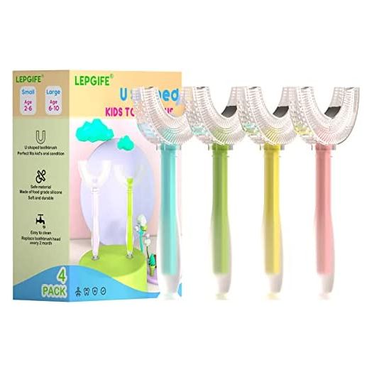 U Shaped Kids Toothbrush 4 Pack, U-Type Whole Mouth Toothbrush for Kids (Age 6-10)