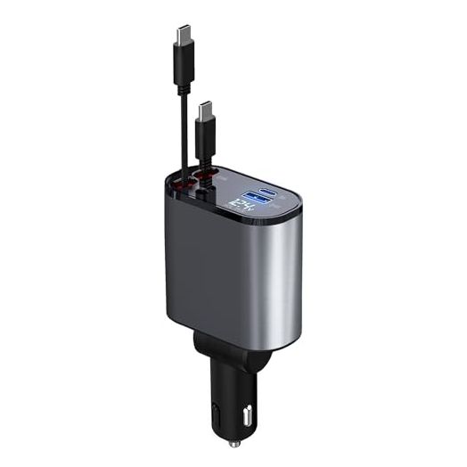 Retractable Car Charger, 4 in 1 Fast Car Phone Charger 66W, 2 Retractable Cables and USB Car Charger,Compatible with iPhone 15/14/13/12/11,Galaxy,Pixel