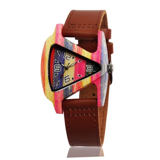 JEPART Wooden Watch for Women Men Gifts, Lightweight Triangle Hollow Wood Watch Creative Leather Watch, Red Sandalwood Wristwatch Bracelet (Color Bamboo), JEP-39