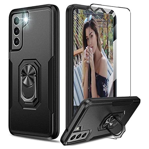 Suyomo for Samsung Galaxy S22 5g 6.1inch Case with Tempered Glass Screen Protector,Heavy Duty Shockproof Protective Phone Cover[Dual Layer][Hard PC Back],Built in Finger Ring Stable Kickstand (Black)