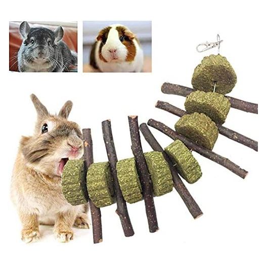 PeSandy Bunny Chew Toys for Teeth, Organic Apple Wood Molar Sticks with Timothy Hay Circles for Bunny Chinchilla Guinea Pig Hamsters Holland Lop Prairie Dogs Squirrels, Improves Dental Health