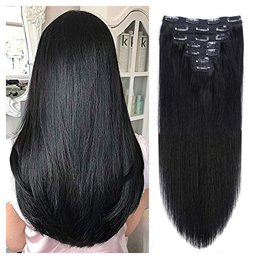 FAAAL 18" Clip in Human Hair Extensions, Full Head 150g 7 Pieces 16 Clips, Jet Black
