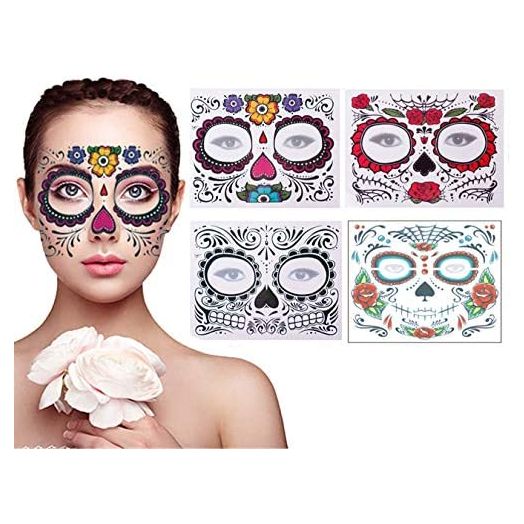 BPNHNA Day of The Dead Sugar Skull Face Temporary Tattoo Stickers (4 Pack)