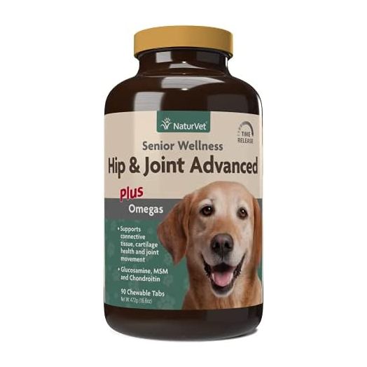 NaturVet Senior Wellness Hip and Joint Plus Omegas Advanced Supplement for Dogs, Chewable Tablets Time Release, Made in the USA