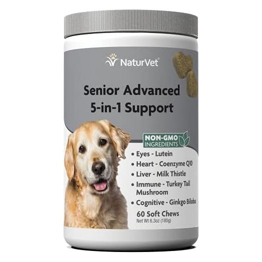 NaturVet Senior Advanced 5-in-1 Support Dog Supplement – Helps Support Immune System, Heart, Liver, Cognitive Function, Eye Health – Includes Ginkgo Biloba, Lutein – 60 Ct.