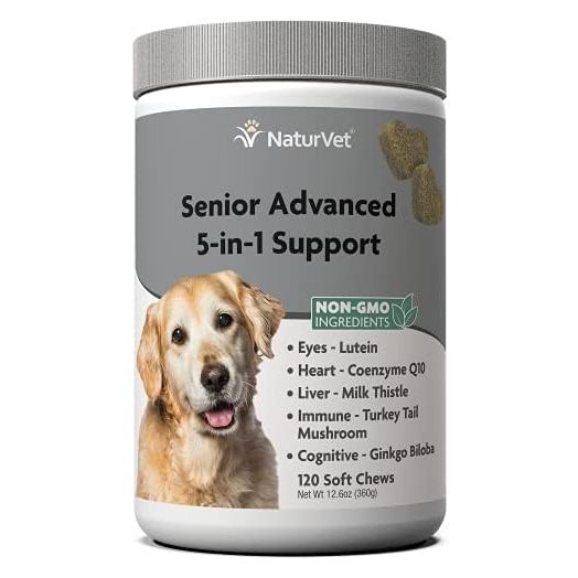 NaturVet Senior Advanced 5-in-1 Support Dog Supplement – Helps Support Immune System, Heart, Liver, Cognitive Function, Eye Health – Includes Ginkgo Biloba, Lutein – 120 Ct.