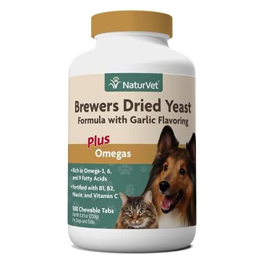 NaturVet Brewers Dried Yeast Formula with Garlic Flavoring Plus Omegas for Dogs and Cats, Chewable Tablets, Made in the USA