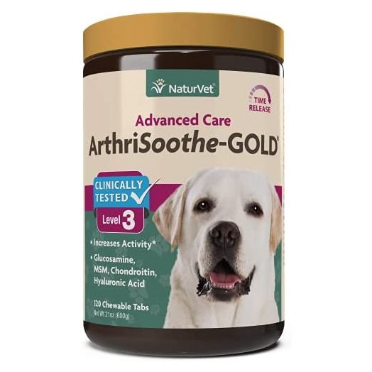NaturVet – ArthriSoothe-GOLD – Level 3 Advanced Joint Care | Clinically Tested to Support Connective Tissue, Cartilage Health & Joint Movement | Enhanced with Glucosamine, MSM, Chondroitin & Green Lipped Mussel | For Dogs & Cats | 120 Chewable Tablets