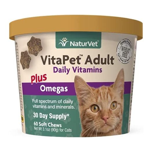 NaturVet VitaPet Adult Daily Vitamins Plus Omegas for Cats, 60 ct Soft Chews, Made in the USA