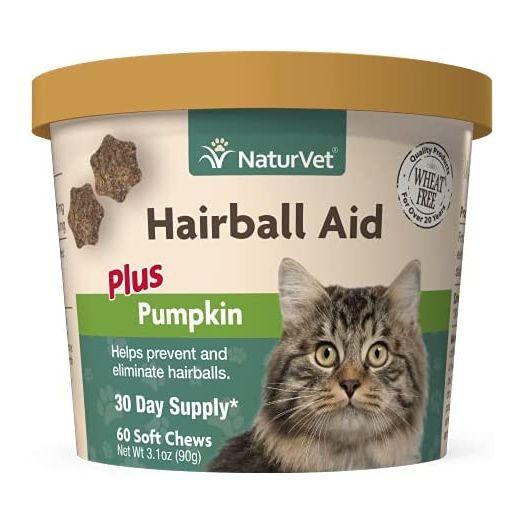 NaturVet – Hairball Aid Supplement for Cats - Plus Pumpkin – Helps Eliminate & Prevent Hairballs – 60 Soft Chews