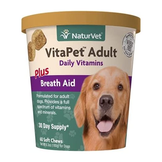 NaturVet VitaPet Adult Daily Vitamins Plus Breath Aid for Adult Dogs, 60 ct Soft Chews , Made in the USA