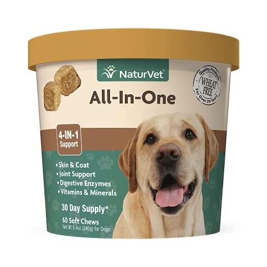 NaturVet All-in-One Dog Supplement - for Joint Support, Digestion, Skin, Coat Care – Dog Vitamins, Minerals, Omega-3, 6, 9 – Wheat-Free Supplements for Dogs