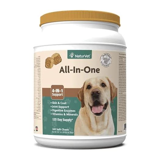 NaturVet All-in-One Dog Supplement - for Joint Support, Digestion, Skin, Coat Care – Dog Vitamins, Minerals, Omega-3, 6, 9 – Wheat-Free Supplements for Dogs – 240 Soft Chews