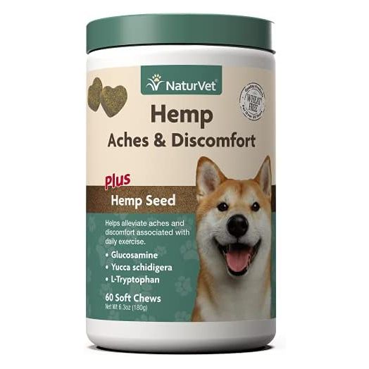 NaturVet Hemp Aches & Discomfort Plus Hemp Seed for Dogs, 60 ct Soft Chews, Made in The USA