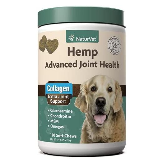 NaturVet Hemp Advanced Joint Health Dog Supplement Soft Chews –Helps Support Joint Health in Dogs – Includes Hemp Seed, Collagen, Glucosamine, MSM, Chondroitin, Omegas – 120 Ct.