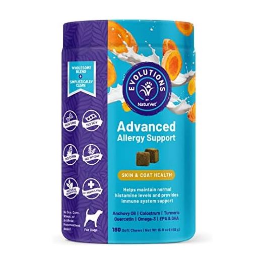 NaturVet Evolutions Advanced Allergy Support 180ct Soft Chews for Dogs - Omega-3, Anchovy Oil, Colostrum, Turmeric, Quercetin, Probiotic - Help Maintain Normal Histamine Levels