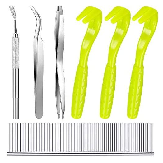 Tick Removal Tool Kit, Include 3 Pieces Plastic Removers, 3 Pieces Stainless Steel Tweezers with Comb for Dog and Cats (Fluorescent Green)