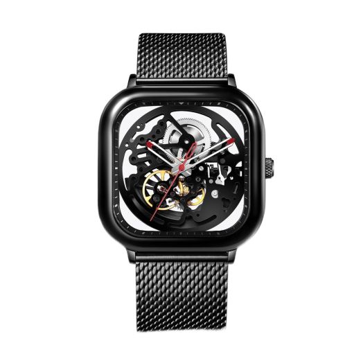 CIGA Design Men's Automatic Watch, C Series Full Hollow Skeleton Mechanical Analog Wristwatch with Milanese and Leather Strap Sapphire Crystal Mirror (Black)