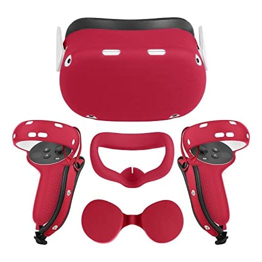 Relohas Accessories for Oculus/Meta Quest 2, Touch Controller Grip Cover, Front Face Protector Cover, Silicone Face Cover with Lens Protective Cover, Protect Your VR in All Aspects(4PCS, Red)