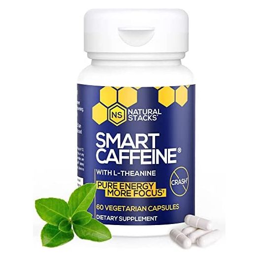 Natural Stacks Smart Caffeine Supplement 60ct - Instant Energy and Focus for Life School & Work - No Jitters and No Crash - Premium Sourced 100mg Caffeine from Coffee + 200mg L-Theanine from Green Tea