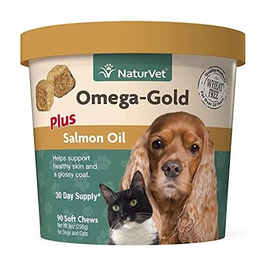 NaturVet Omega-Gold Plus Salmon Oil Skin and Coat Supplement for Dogs and Cats, Soft Chews, Made in the USA