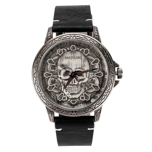 Cool Skull Watch for Men with Leather Band, Fashion Watch Men with Date, Casual Men's Quartz Wrist Watches Relojes Para Hombres, Birthday Gifts for Him Boyfriend Son Brother Husband Dad
