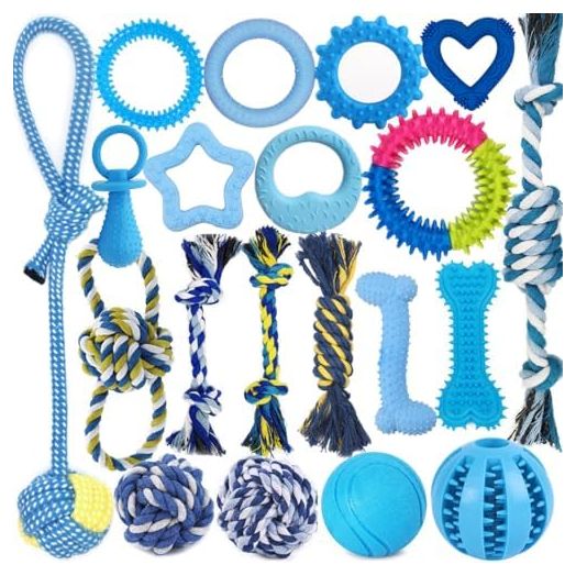 Beiker 20 Pack Puppy Chew Toys - Blue Dog Teething Toys for Puppies, Puppy Toys Teething Rings and Durable Ropes, Blue Rubber Toy Bundle for Small Dogs, Cute Interactive Dog Balls for Small Breed