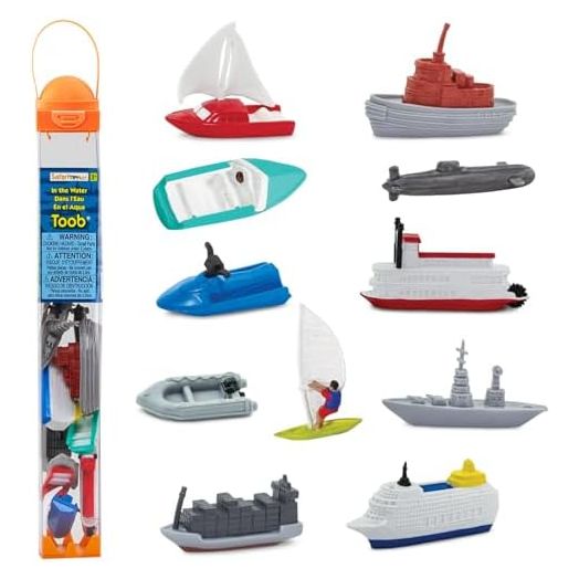 Safari Ltd. In the Water TOOB - Figurines of Jet Ski, Raft, Submarine, Motorboat, Windsurfer, Battleship, Cruise, Steam, Sail, Tug, Cargo Boat - Educational Toy Figures For Boys, Girls & Kids Ages 3+